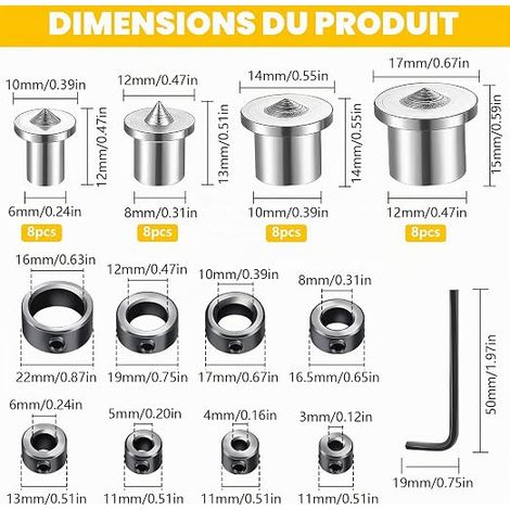 Trunnion à centrage, Trunnion à centrage avec arrêt de profondeur de forage et clé, pour menuiserie de la menuiserie de la menuiserie de la serviette (0.236/0.315/0.394/12mm) (1/4)