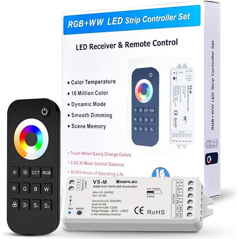 Contrôleur de bande LED sans fil 2,4 G 5 en 1 avec télécommande RF, contrôleur LED RGBWW 5 canaux pour CCT RGB RGBW RGBCCT (1/5)