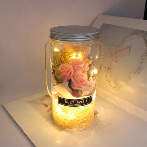 Bouteille à Souhaits Lumineuse avec Rose Éternelle Préservée - Lampe de Nuit Fleurie en Verre (1/5)
