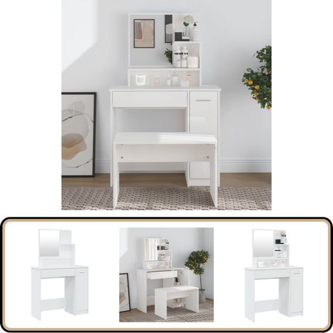 Coiffeuse avec miroir blanc brillant 86,5x35x136 cm - Coiffeuse - Meuble De Salle De Bain - Table De Maquillage - Miroir - Commode (1/5)