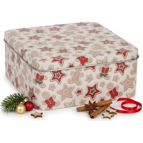 Weihnachtskeksdose mit Weihnachtsdeko, 15 x 15 x 7 cm, beige, Weihnachtsmuster