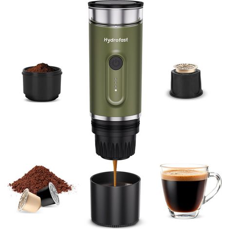Machine à Café Espresso Portable Hydrofast PO-100 Batterie 7800mAh Pompe 15 Bars Compatible Dosettes et Café Moulu Chauffe Rapide Acier Inoxydable Vert Armée (1/5)