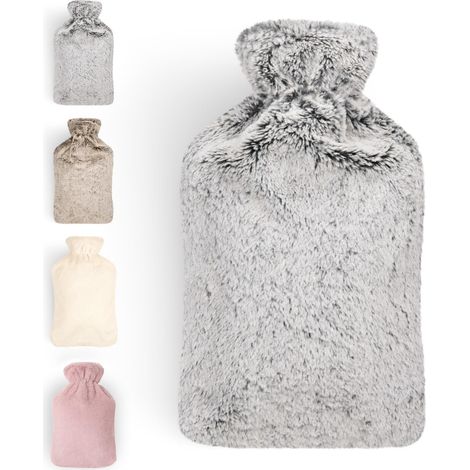 Bouillotte premium avec housse en fausse fourrure douce 2l - bouillotte en caoutchouc naturel - bouillotte cadeau petite amie - bouillotte luxe - bouillotte anti-fuite gris (1/5)