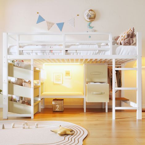 Lit mezzanine 90x200 métal avec LED multicolore, tiroir tissu, coussin, crochets, blanc (1/5)