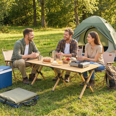 Mesa de camping de 117 x 60 cm, mesa plegable de aluminio con tablero enrollable, aspecto de madera, bolsa de transporte impermeable. (1/5)