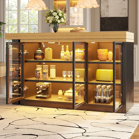 Tavolo da pranzo con mobile laterale 120-197x40x72 cm, girevole 360°, con luci multicolore, MDF e vetro, nero (1/5)