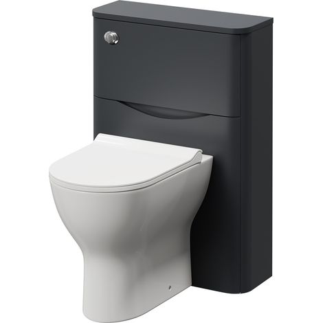 Vela Satin Anthracite 550mm Toilet Unit and Jubilee Short Projection Rimless Back to Wall Toilet Pan with Soft Close Toilet Seat