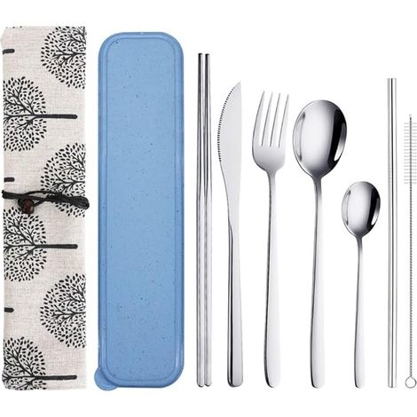 Couverts voyage avec Etui, Couverts Lunch Box en Inox avec Couteau Fourchette Cuillère Baguettes de Nettoyage Brosse Pailles Ensemble, Couvert Transportable, Couverts Camping (1/5)