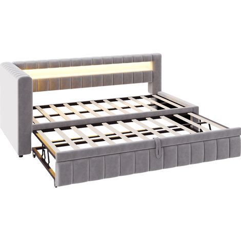 Cama tapizada 90 x 200 cm convertible con LED, puerto USB, terciopelo gris claro (1/5)