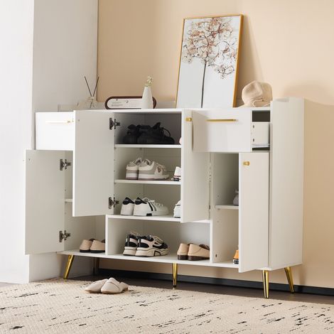 Zapatero de aglomerado blanco con 4 puertas, 2 cajones y hueco abierto, 130 x 37 x 100 cm (1/5)