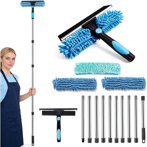 Nettoyeur Vitres Télescopique, 10 Pièces, 0,13-3.9 m, Tête 180° Rotative Chiffons Rechange, Chenille et Brosse, Pour Toit Terrasse, Véranda, Fenêtres de Toit, Grandes Surfaces Vitrées (1/5)