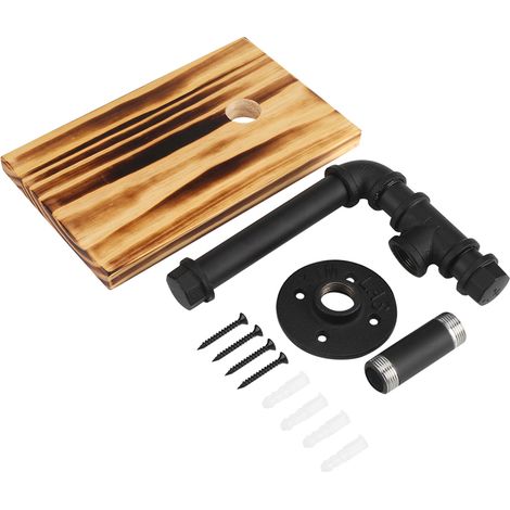 Porte-rouleau de papier toilette mural en fer noir avec étagère en bois, support de rangement pour salle de bain, WC