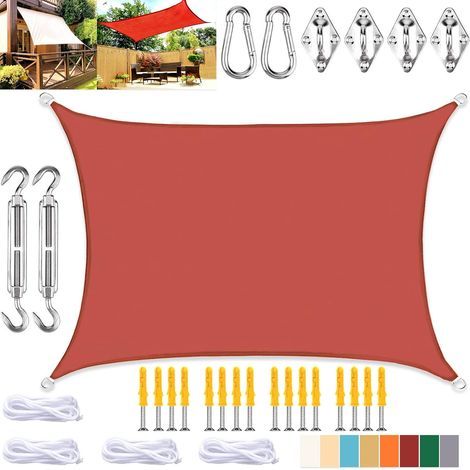 Toldo rectangular de lona impermeable con protección UV y kit de fijación, para terraza y jardín, color rojo óxido, 2 x 3 m (1/5)