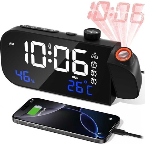 1 Pièce - Horloge Projecteur Radio FM LED - Noir