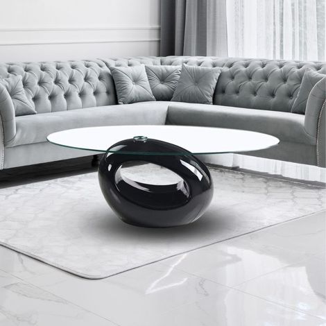 Tavolino da salotto 115x65 cm con piano in vetro ovale e struttura nero lucido - Miranda