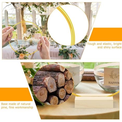 LEKEFETO Lot de 6 anneaux en métal doré de 30 cm avec support en bois : anneaux décoratifs en métal avec support, anneau de décoration avec pied, bricolage, couronne, attrape-rêves, pour bricolage (1/2)