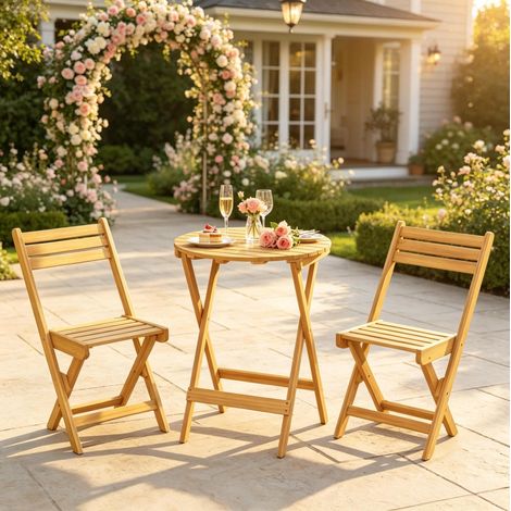 Ensemble bistrot pliant de jardin 1 table ronde Ø60 cm et 2 chaises, bois d’acacia naturel REDOM (1/5)