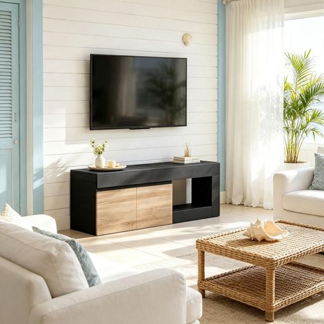 Meuble TV à 2 portes, adapté aux téléviseurs jusqu'à 60 pouces, avec placard de rangement et étagère ouverte (meuble TV uniquement). (1/5)