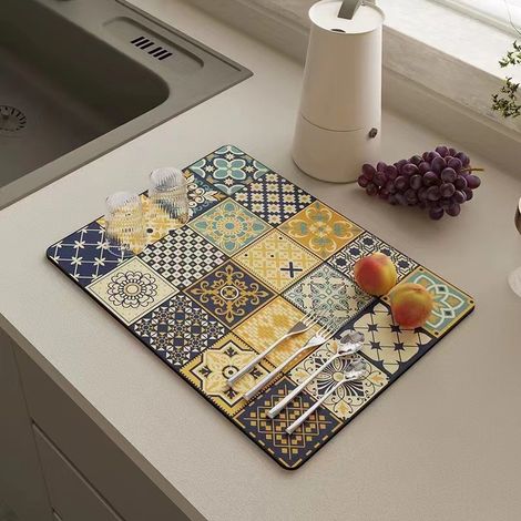 Tapis absorbant antidérapant pour cuisine – Sous-assiette isolante et tapis d’égouttement pour plan de travail (Modèle : Ombre verte mystérieuse, carré 40 × 50 cm)-lsw