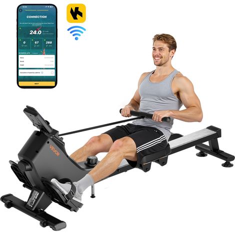 Rameur Magnétique, Ergomètre avec Résistance Silencieuse Réglableà 16 Niveaux, Pliable, Capacité de Charge de 158 kg, avec Poulie Lisse et Écran LCD, Compatible avec Application Bluetooth (1/5)