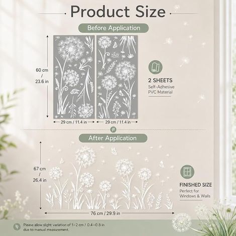 Sticker Fenetre Fleurs Blanches Pissenlit, Stickers Fenetre Printemps Electrostatique Anti-Collision, Autocollant Vitres pour Fenêtres Portes Cuisine Bureau Chambre, 2 Feuilles 29x60cm (1/4)