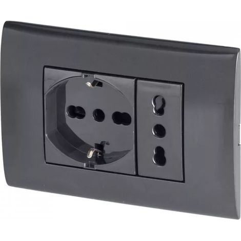 Poly Pool Kit Incasso con Frutti Presa Corrente Elettrica Schuko Pluristandard Spina 10A-16A Italiana-Tedesca e Frutto Presa Bivalente 10A-16A Nero