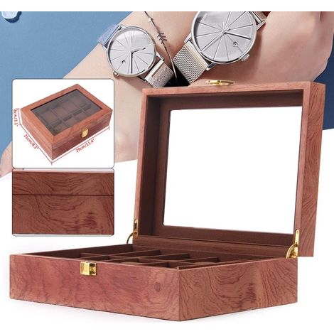 10 Grid aufbewahrungsbox holz, Uhrenbox mit Herausnehmbaren uhrenhalter, watch box mit Glasdeckel, Geschenk