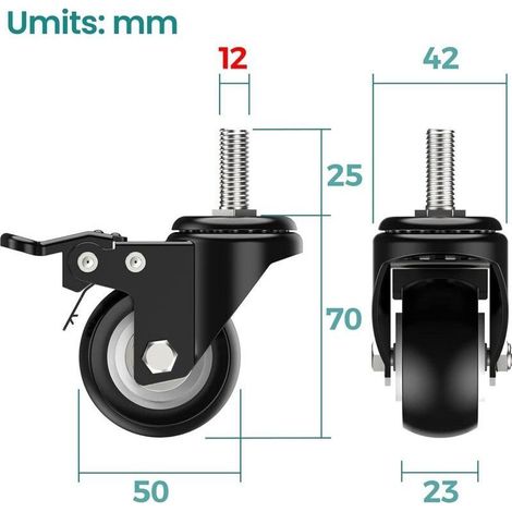 Roulettes Pivotantes M12 50mm 4 Pièces avec Frein, Tige Filetée, Charge Lourde jusqu’à 250kg, Lot de 4 Roulettes (1/3)