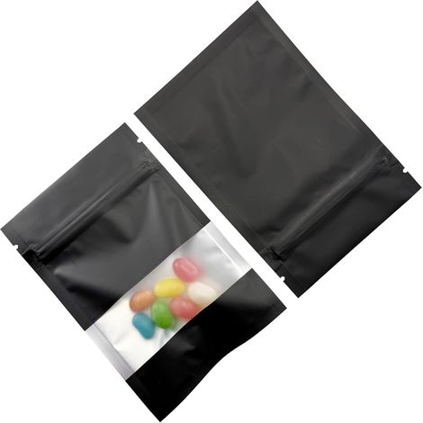 Lot de 100 Sacs Refermables Aluminium Mat Fenêtre 8x12cm  Mat Noir, Fermeture à Glissière, Mylar, Refermables à Chaud, Pour le Stockage (1/5)