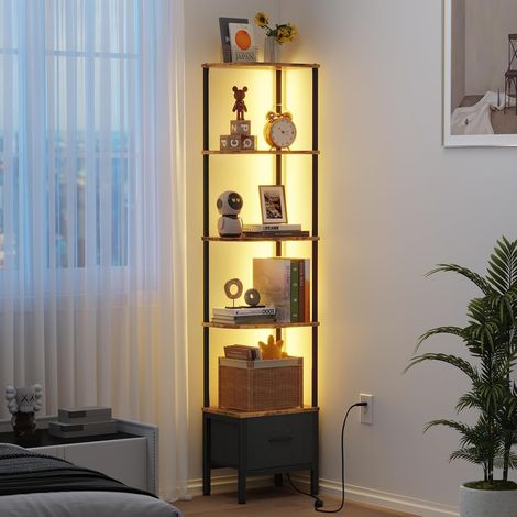 Étagère d'angle 5 Niveaux avec LED et tiroir, Brun LED pilotable par APP, montage facile, gain de place, 27×37 cm, étagère étroite, rangement (1/5)