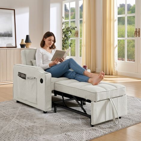 Ce fauteuil-canapé multifonction 3-en-1 intègre des ports de charge USB et Type-C  il se transforme aisément en canapé-lit et est équipé de porte-gobelets en acier inoxydable, d'un dossier réglable et (1/4)
