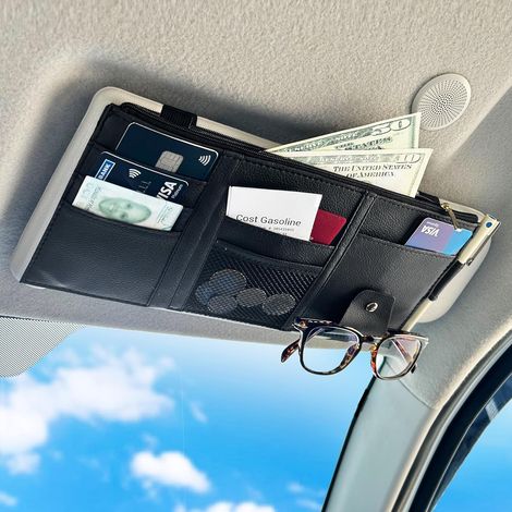 Organisateur de pare-soleil de voiture, accessoire intérieur auto, pochette en cuir avec fermeture éclair multi-poches pour cartes, clés, documents et lunettes de soleil.