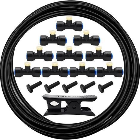 Système de brumisation extérieur, brumisateur terrasse exterieur Kit, tuyau d'arrosage 5 m avec 10 buses de brumisation, 10 siège de pulvérisation et 5 bouchons d'extrémité (noir) (1/5)