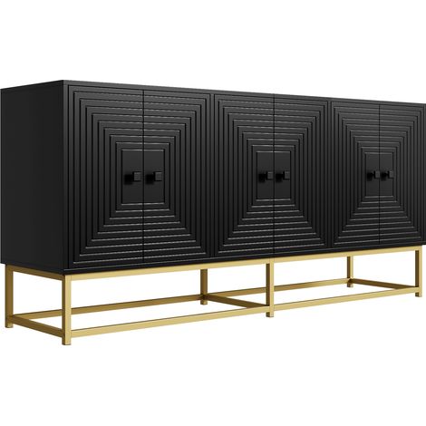 Moderne schwarze Kommode mit 3 Doppeltüren aus Spanplatte, matt, 160 x 38 x 75,5 cm (1/5)