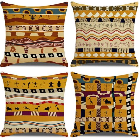 AIDUCHO Lot De 4 Housses De Coussin 45 X 45, Motif De Style Ethnique Africain Ancien Coton Coton Décoratif Housses De Coussin Taies D'oreiller Pour Canapé