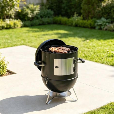 Fumoir 3-en-1 avec 3 grilles de cuisson, thermomètre intégré et ventilation réglable, pour barbecue extérieur, acier, noir, idéal pour viandes et poissons. (1/5)