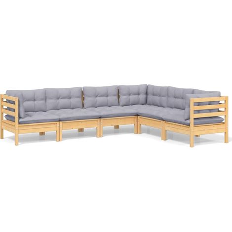 Salon de jardin 6 pcs Ensemble Table et Chaise de Jardin - avec coussins gris Bois de pin solide BV924604 - BonneVie (1/5)