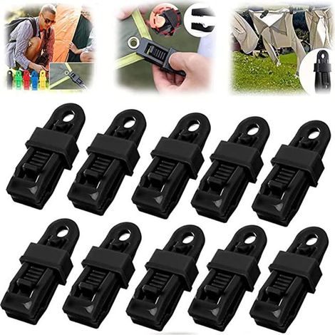 Set of 10 heavy-duty adjustable locking handles for tarpaulins and sunshades, multi-purpose tarpaulin clips, black. (1/5)