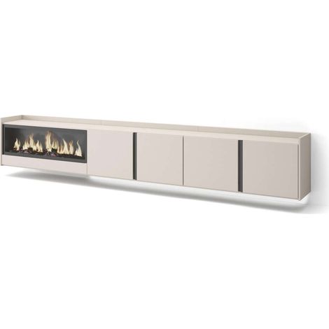 Mueble TV Arenas-02 de 315x50x35 cm con chimenea eléctrica y luces LED, suspendido, color beige (1/4)