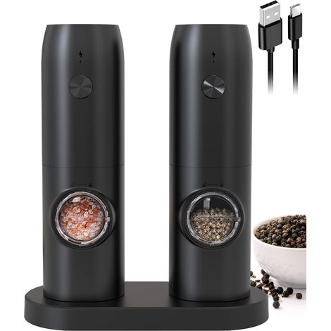 Electric Pepper Grinder with Base, Rechargeable Salt and Pepper Mill Set with Black Switch (1/5)