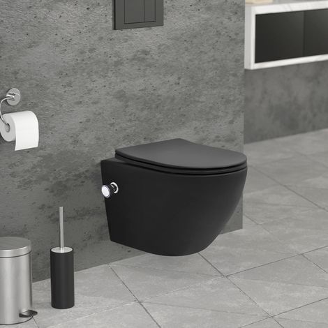 LuxeBath Wand WC Spülrandlos mit Bidet-Funktion Schwarz matt kurz 49cm, Tiefspüler Tornadospülung Keramik Hänge WC Dusch WC mit Nano Beschichtung, Kloschüssel Hängend WC-Sitz Absenkautomatik abnehmbar (1/5)