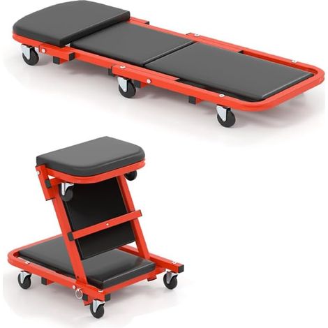 GOPLUS Chariot d'Atelier en Forme de Z, Plateau d'Atelier Pliable 2 en 1, Planche de Montage Roulante avec Siège Rembourré et 6 Roues, Fonction Assise et Couchée, pour Réparation Automobile (Noir) (1/5)