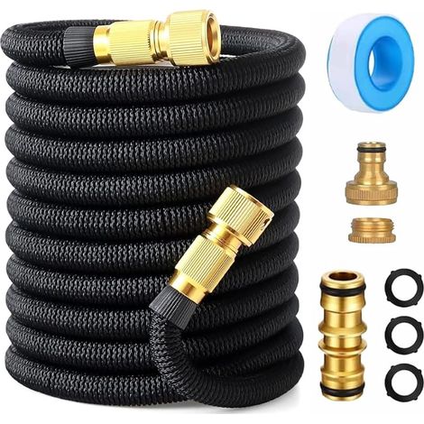 Tuyau d'arrosage professionnel de 15,2 m avec raccords en laiton de 1,27 cm à 1,9 cm, connecteur de robinet universel – Tuyau d'eau noir étanche pour toutes les saisons, s'adapte à n'importe quel