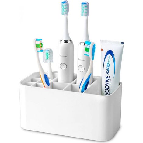 Support Pour Brosse À Dents Électrique - Rangement Multifonction 4 Emplacements Brosse + 6 Têtes + 1 Compartiment Stockage - ABS - Fixation Adhésive Ou Sur Plan De Travail - 1 Pièce (1/5)
