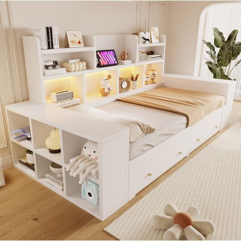 Cama sofá extensible 90/180x200 cm de madera blanca con almacenaje, sin colchón – MEUBLIV (1/5)