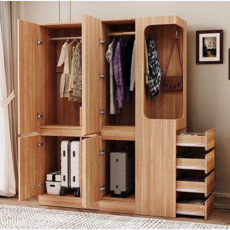 Offener Kleiderschrank 140 x 40 x 170 cm mit Schubladen und Stauraum, Naturholz HAVRYA (1/5)