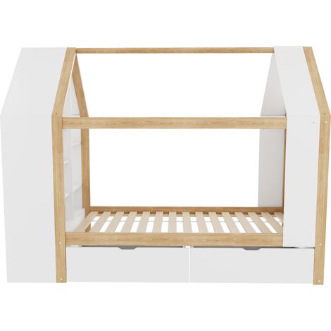 Cama casita infantil 90 x 200 cm con LED, 2 cajones, almacenaje, blanco y madera natural (1/5)