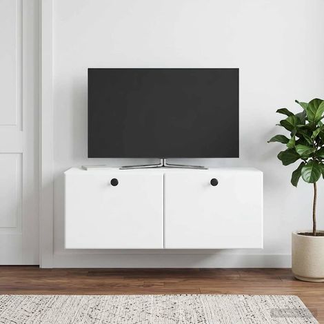 Meuble TV mural blanc en bois d’ingénierie, portes pivotantes, 78,5 x 31 x 30 cm - PANGIVO (1/5)
