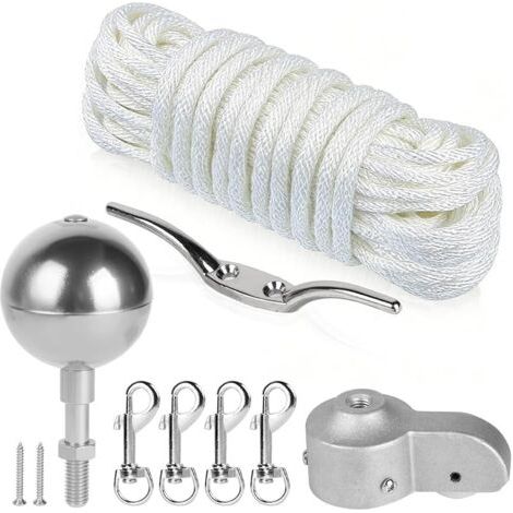 Pair Kit D'accessoires pour Mât de Drapeau, Kit de Pièces de Réparation avec Pointe de Boule Dorée, Ø 5,1 cm Topper avec Poulie, Corde en Nylon de 15 m, Mousqueton, Taquet, pour Déco Maison, Argent (1/5)