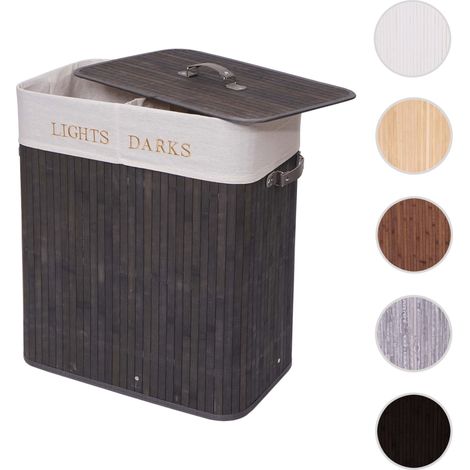 Panier à linge HWC-C21, bac à linge, collecteur, bambou, 2 compartiments 63x55x34cm 100l - gris-bleu